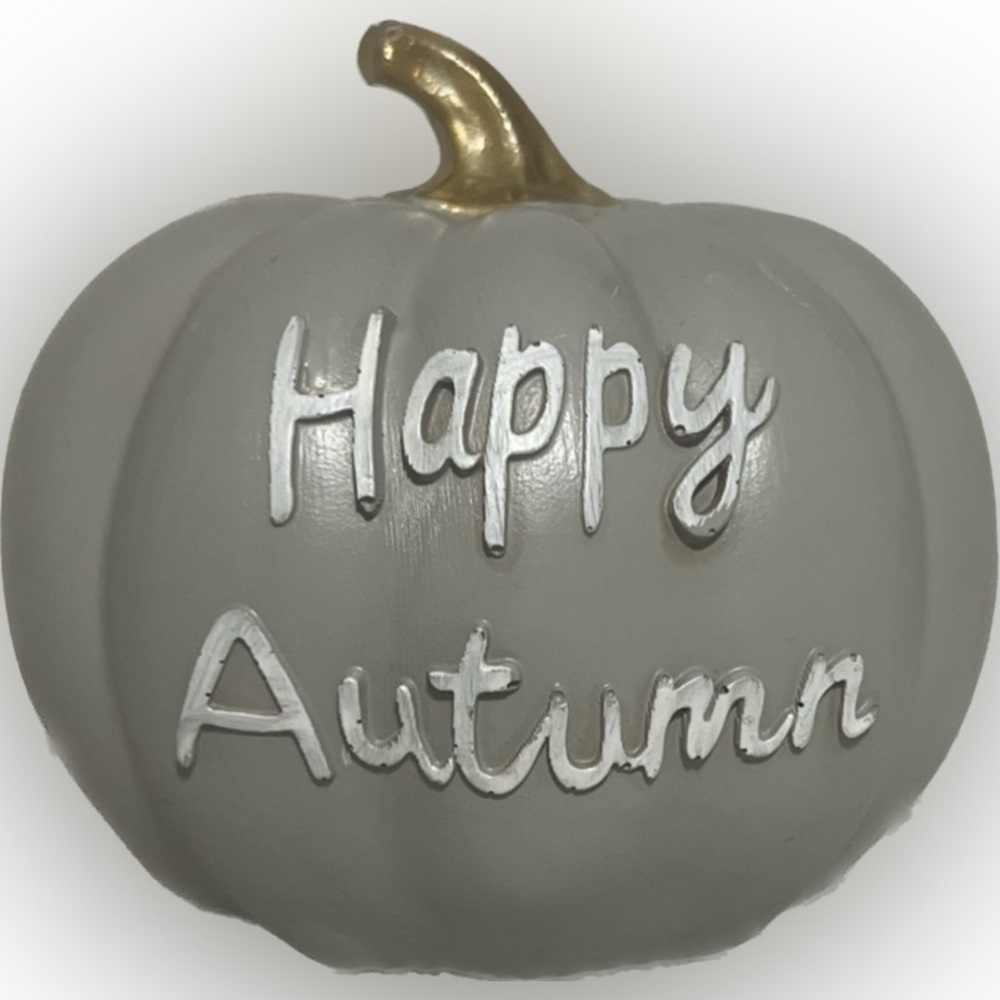💥New Pumpkin Gray “Happy Autumn” Gold Resin Fall Holiday Thanksgiving